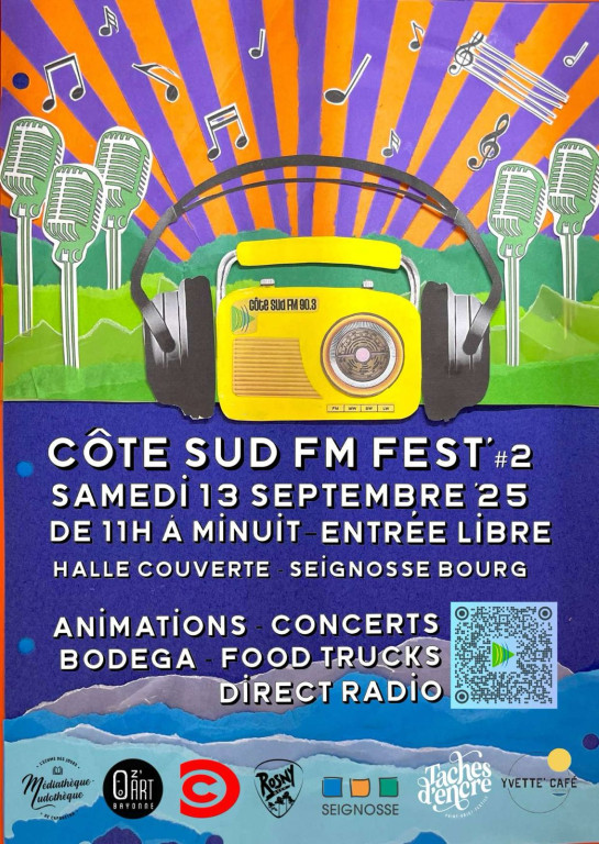 Côte Sud Fm 90.3 ou www.cotesudfm.fr est en fête le samedi 13 septembre de 11h00 à 24h00 sous la halle couverte de Seignosse bourg. Animations, concerts, Bodéga, Food Truck, Direct radio.